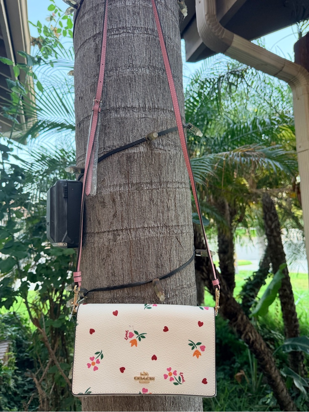 Coach White Floral & Heart Crossbody Bag with Pink Strap